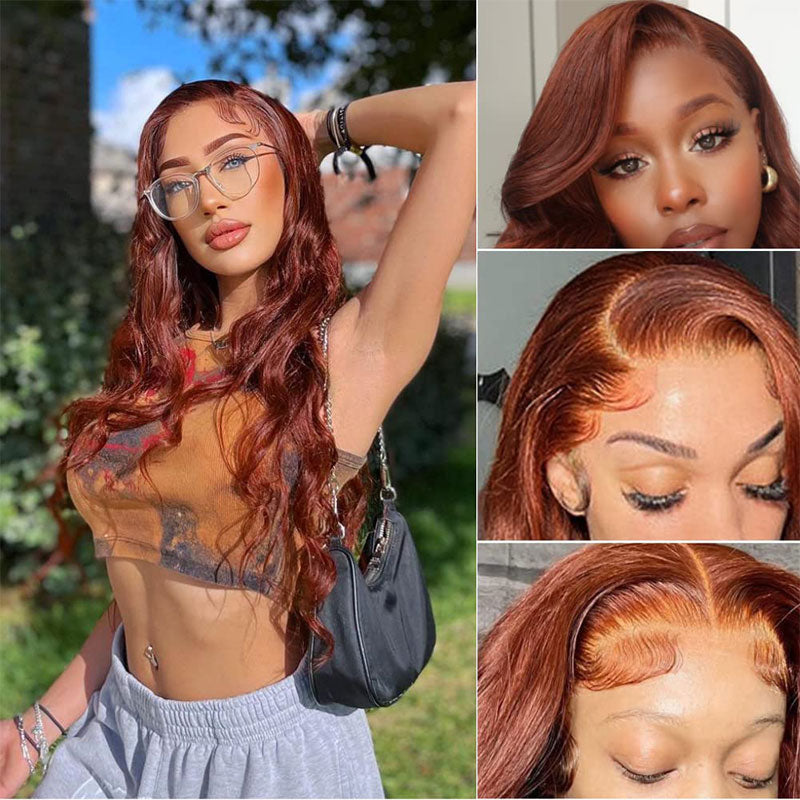 #33 Reddish Brown Wig Body Wave Wig Transparent Lace Front Wigs 180% Density Human Hair Wigs