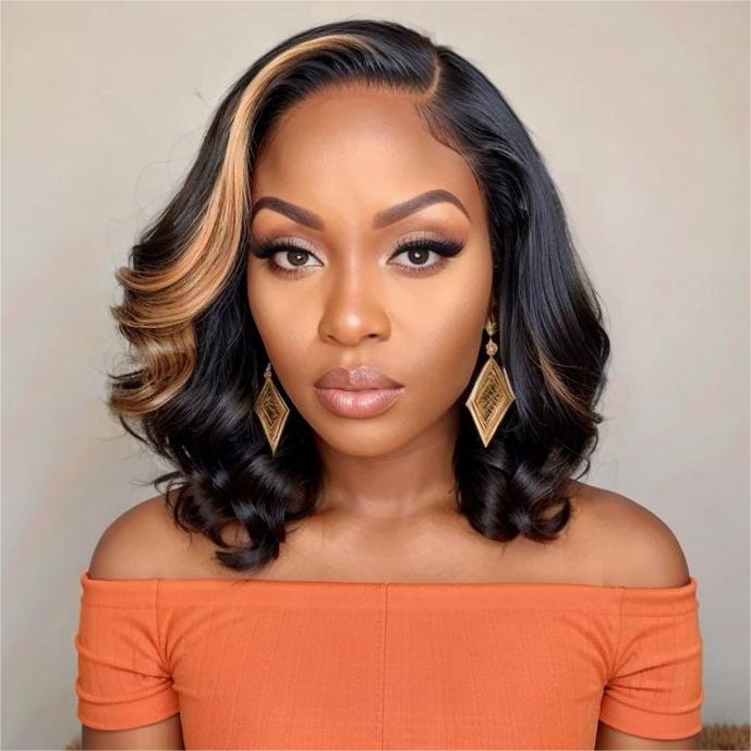 Wear&Go 1B/27# Piano Highlights Color Body Wave Transparent Lace Wig Short Bob Human Hair Wig
