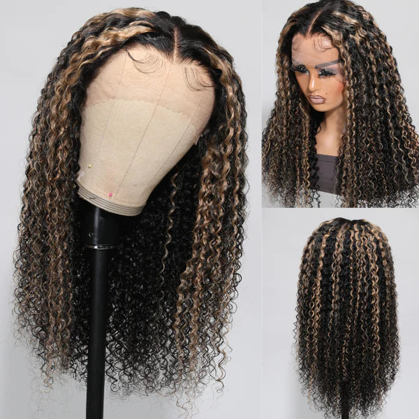 Balayage Highlights Curly Wig Transparent Lace Front Wig Human Hair #1B/27 Colored Wig 180% Density