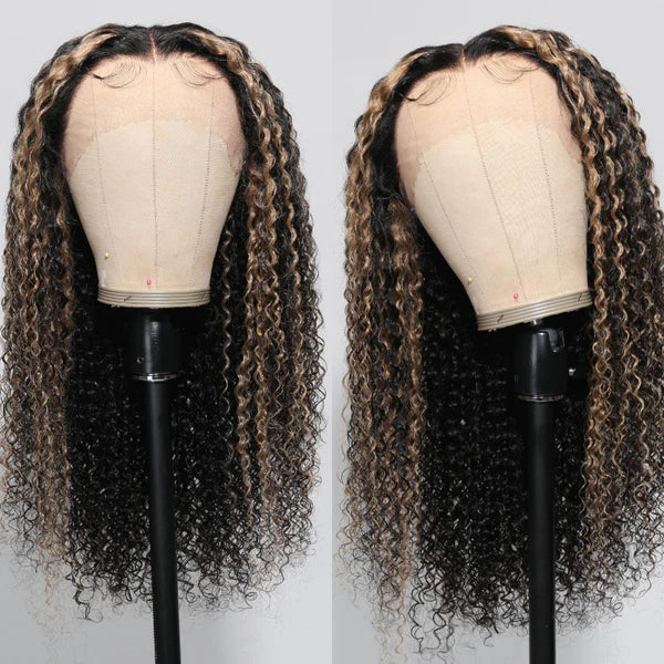 Balayage Highlights Curly Wig Transparent Lace Front Wig Human Hair #1B/27 Colored Wig 180% Density