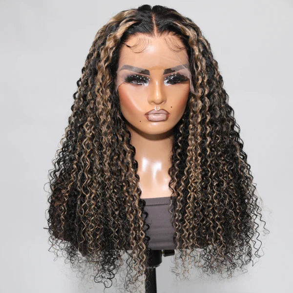 Balayage Highlights Curly Wig Transparent Lace Front Wig Human Hair #1B/27 Colored Wig 180% Density