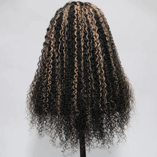 Balayage Highlights Curly Wig Transparent Lace Front Wig Human Hair #1B/27 Colored Wig 180% Density