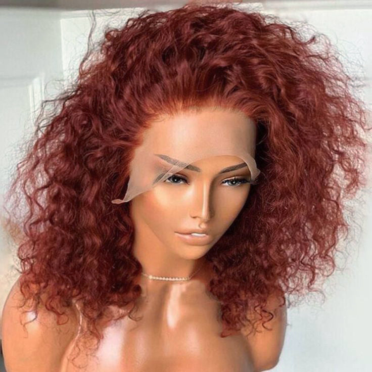 #33 Reddish Brown Short Bob Curly Hair Transparent Lace 180% Density