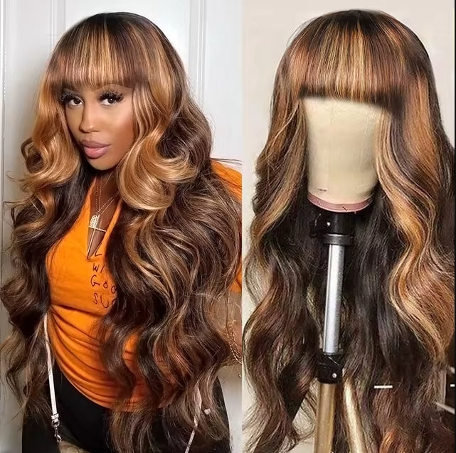 Glueless Wig 1B/27 Highlight Color Body Wave Wig With Bangs Human Hair Wig