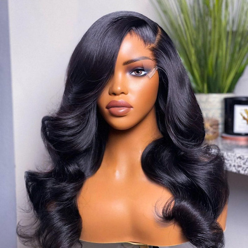 Natural Black Body Wave 13x4 Transparent Lace Front Wigs 180% Density 100% Human Hair