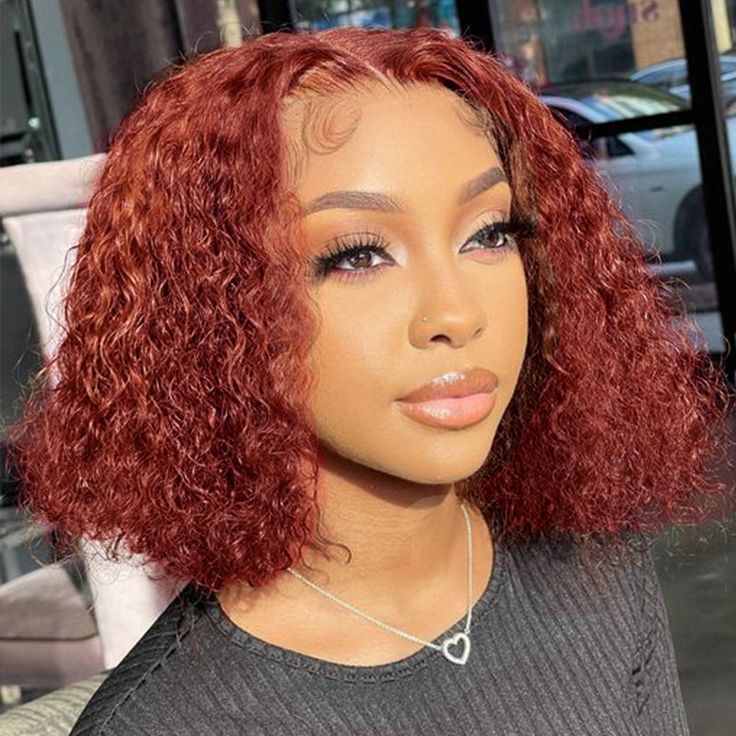 #33 Reddish Brown Short Bob Curly Hair Transparent Lace 180% Density