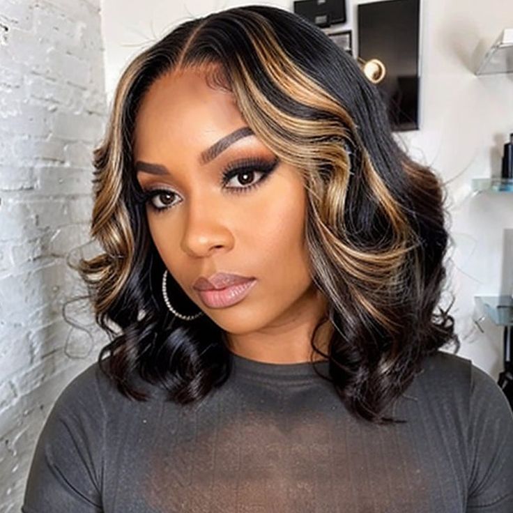 Wear&Go 1B/27# Piano Highlights Color Body Wave Transparent Lace Wig Short Bob Human Hair Wig