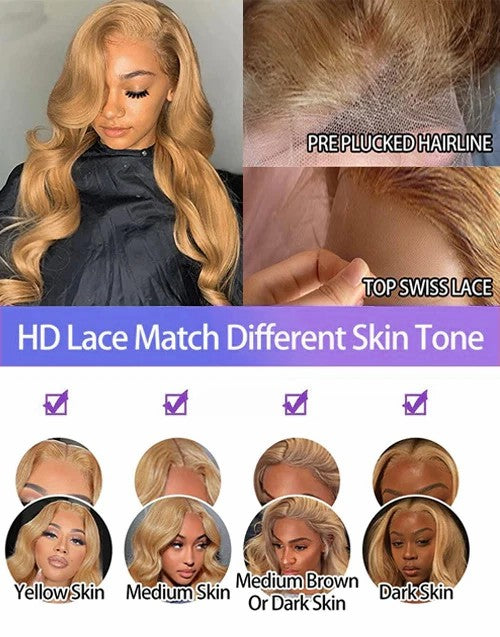 Clear Lace Body Wave 13x4/13x6 HD Lace Transparent Lace Front Wigs 180% Density Human Hair For Honey Blonde Color
