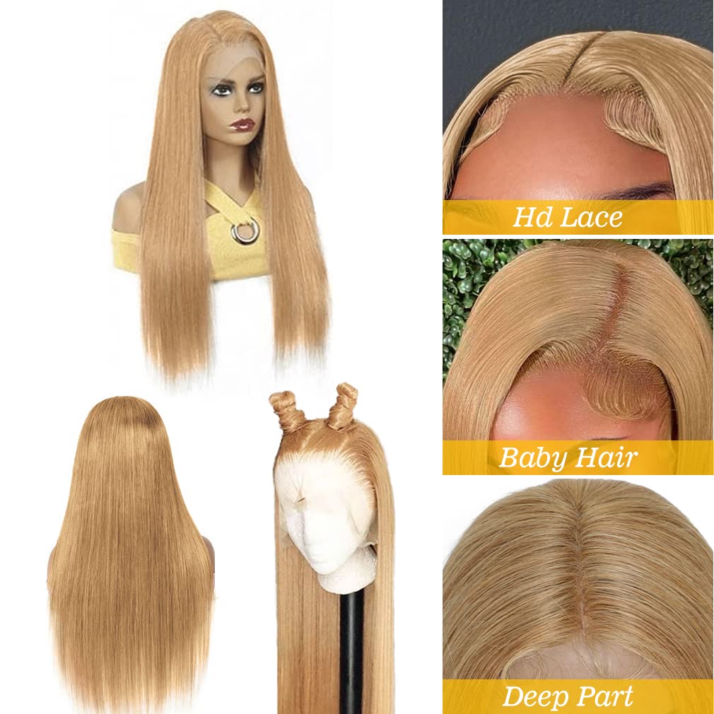 Glueless Straight Wig Honey Blonde Color Pre-Cut Transparent Lace Breathable Cap
