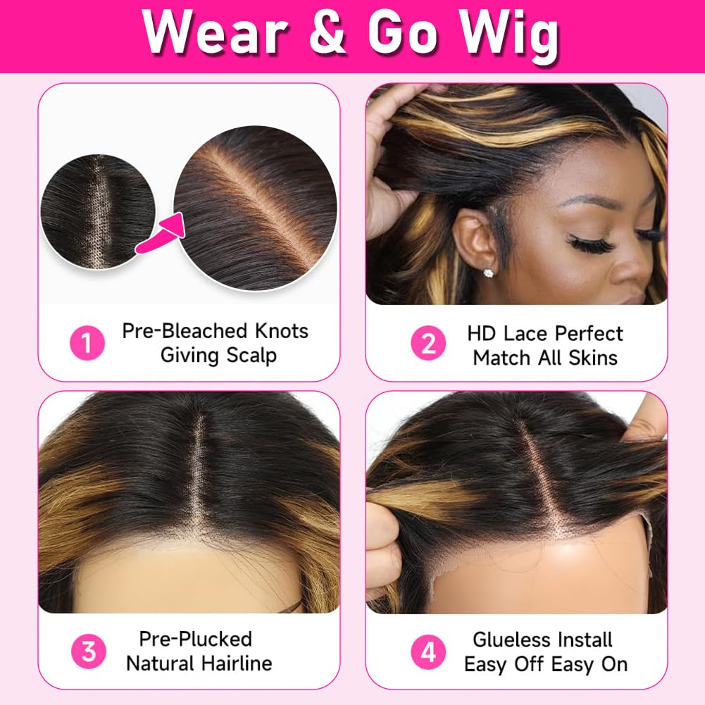 Pre-Cut Lace Wear Go Glueless Wig Black With Honey Blonde Piano Color Body Wave Breathable