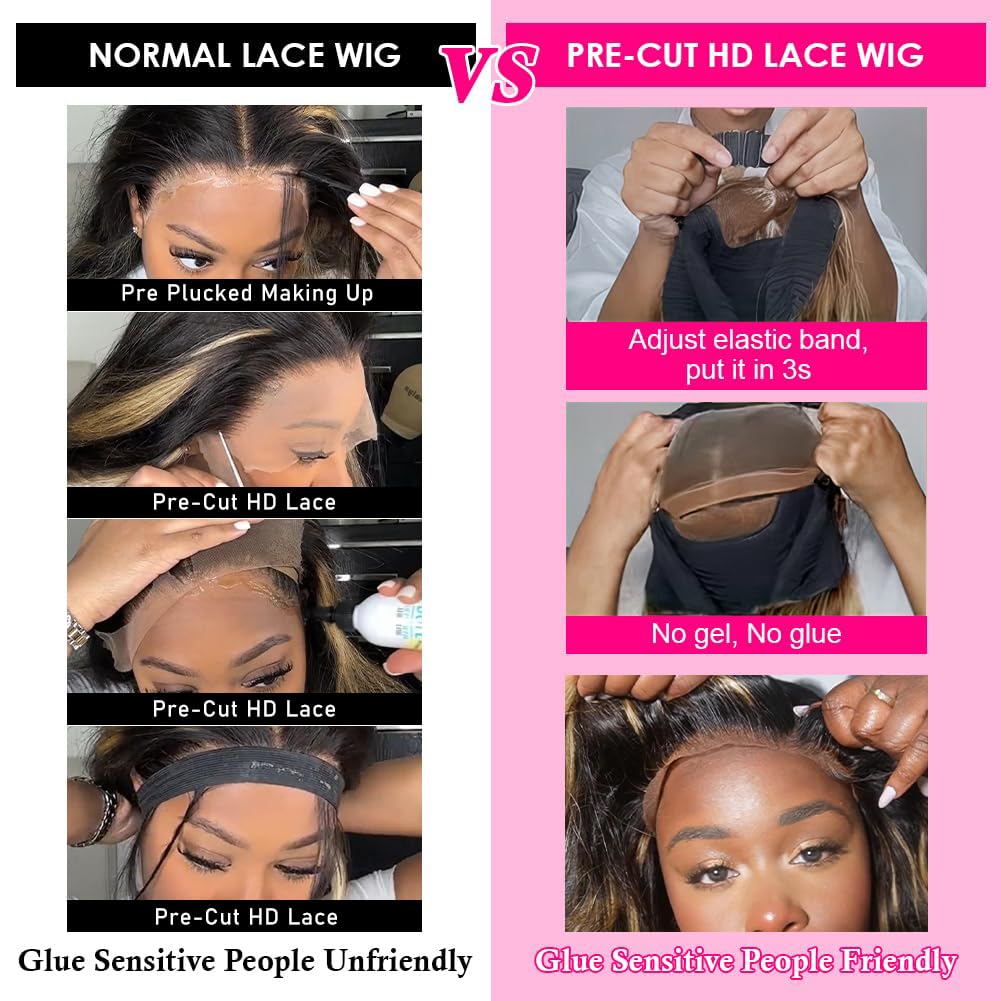 Pre-Cut Lace Wear Go Glueless Wig Black With Honey Blonde Piano Color Body Wave Breathable