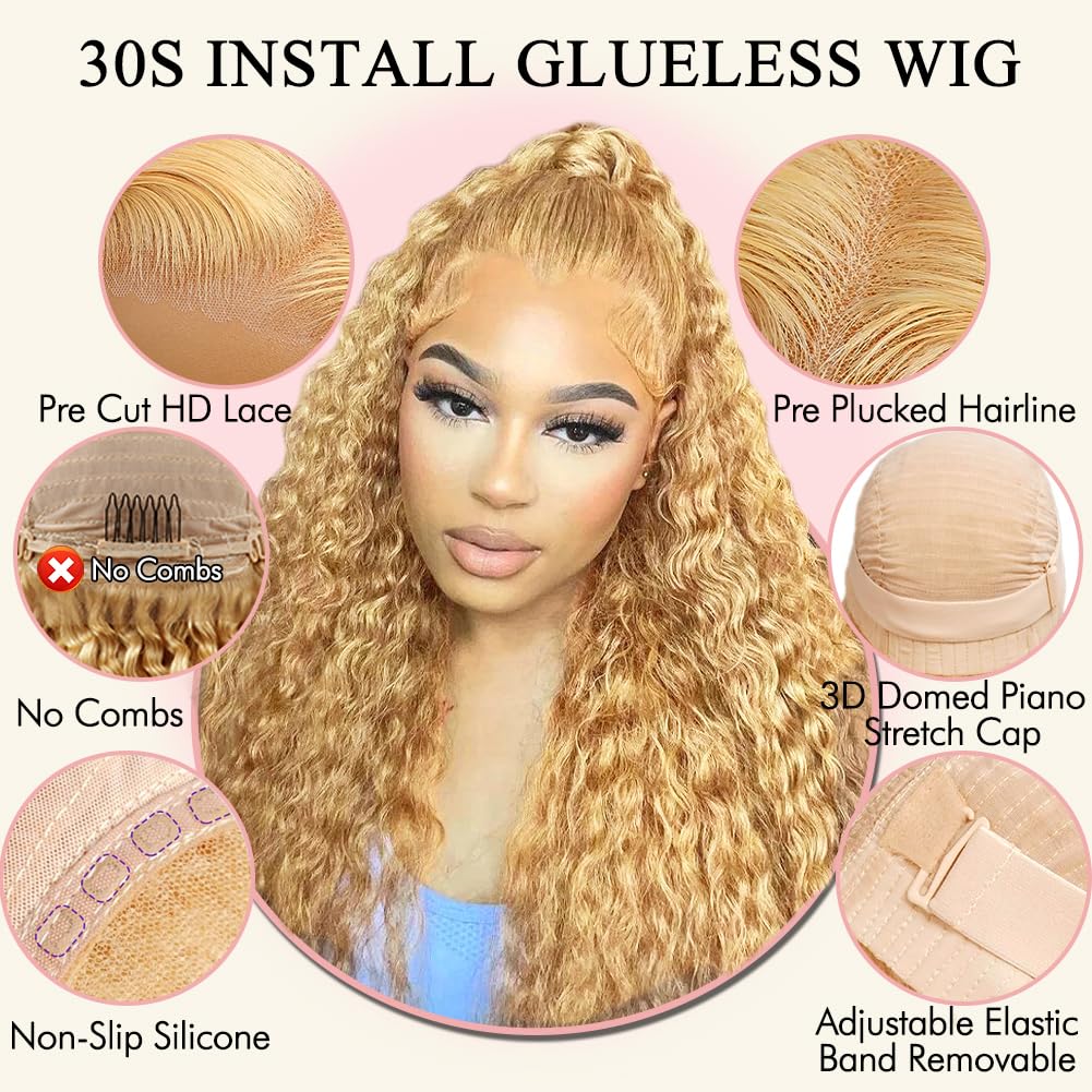 Pre-Cut Lace Wear Go Glueless Wig Honey Blonde Pure Color Curly Breathable