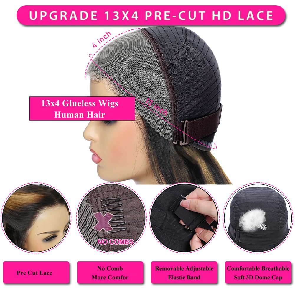 Pre-Cut Lace Wear Go Glueless Wig Black With Honey Blonde Piano Color Body Wave Breathable