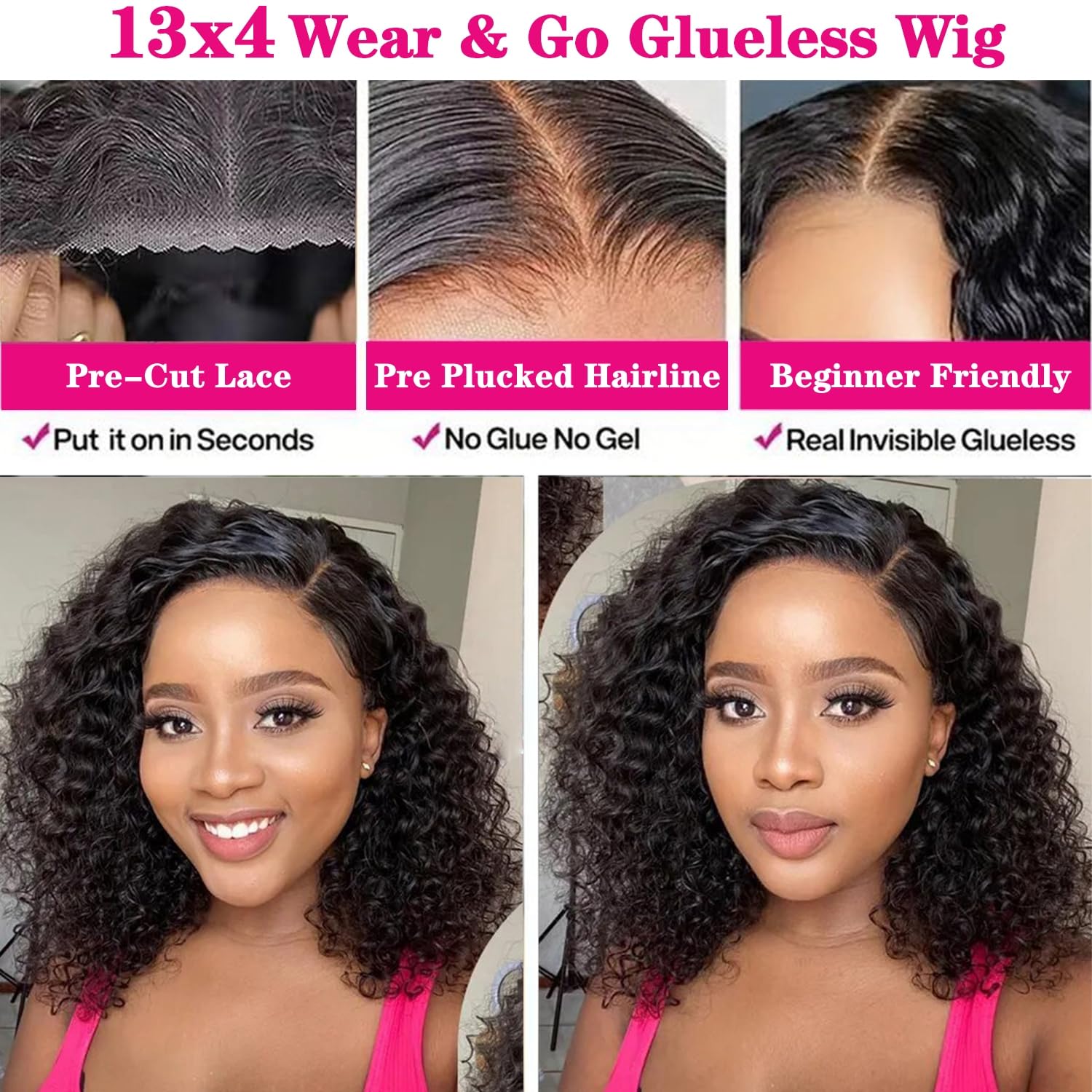 Glueless Wig Natural Black Color Short Curly Wig Bob 13x4 Transparent Lace Front Wigs