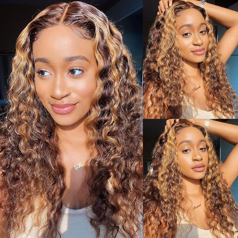 4/27 Honey Blonde With Brown Wig 360 Lace Curly Human Hair Wig 150% Density