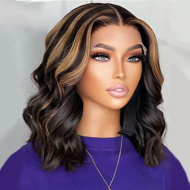 Wear&Go 1B/27# Piano Highlights Color Body Wave Transparent Lace Wig Short Bob Human Hair Wig