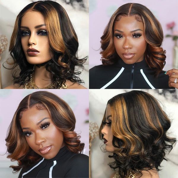 Wear&Go 1B/27# Piano Highlights Color Body Wave Transparent Lace Wig Short Bob Human Hair Wig