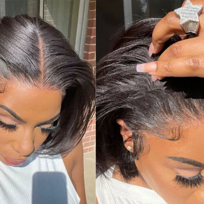 Glueless Wig Natural Black Wig Pre-Cut Lace Front Wig Straight Bob Wig