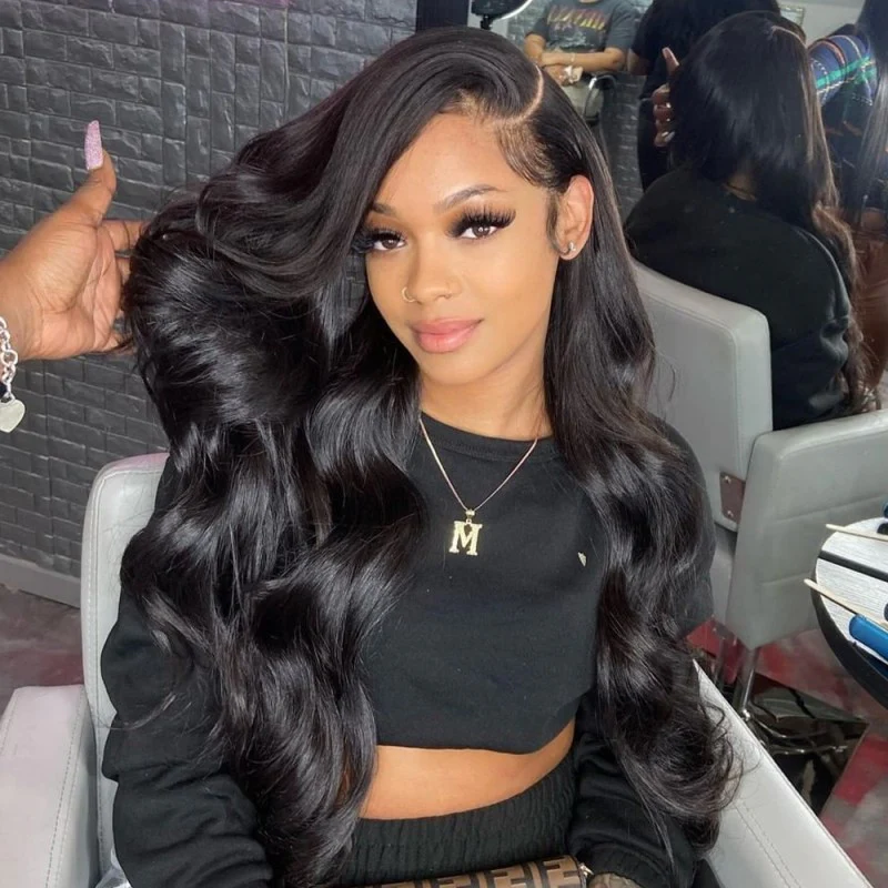 Natural Black Body Wave 13x4 Transparent Lace Front Wigs 180% Density 100% Human Hair