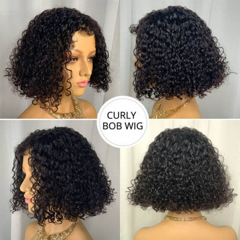 Glueless Wig Natural Black Color Short Curly Wig Bob 13x4 Transparent Lace Front Wigs