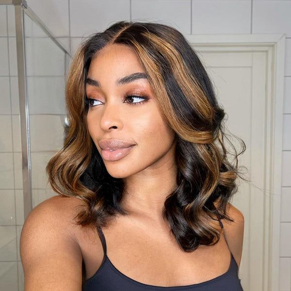 Wear&Go 1B/27# Piano Highlights Color Body Wave Transparent Lace Wig Short Bob Human Hair Wig