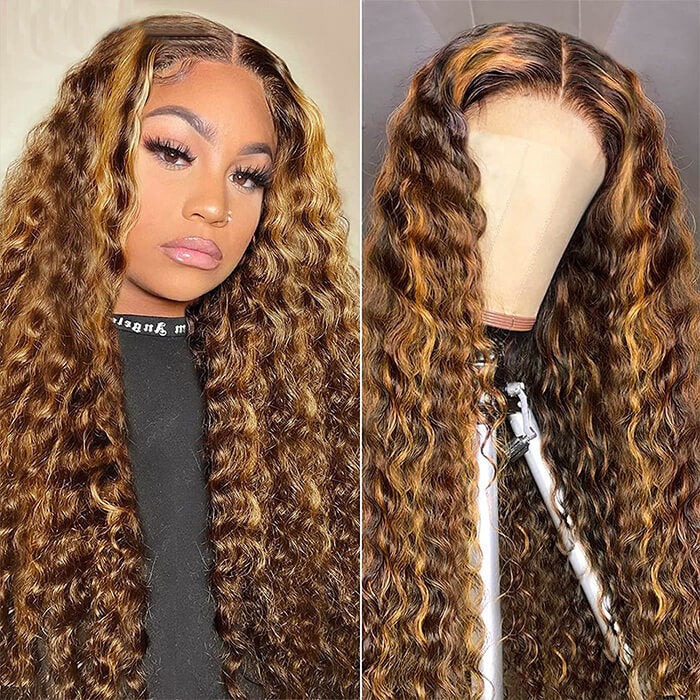 4/27 Honey Blonde With Brown Wig 360 Lace Curly Human Hair Wig 150% Density