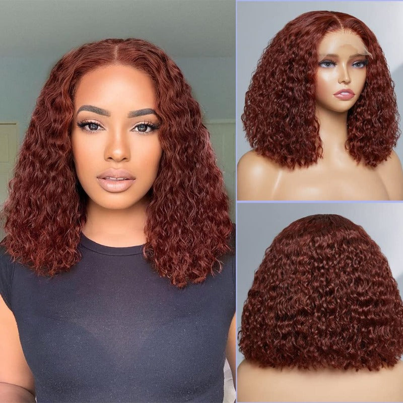 #33 Reddish Brown Short Bob Curly Hair Transparent Lace 180% Density