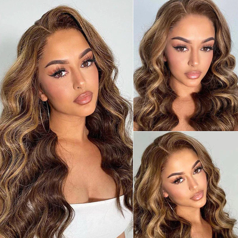 Wear&Go 4/27# Honey Blonde Highlight  Piano Color Lace Front Wigs Human Hair Body Wave Glueless Wigs