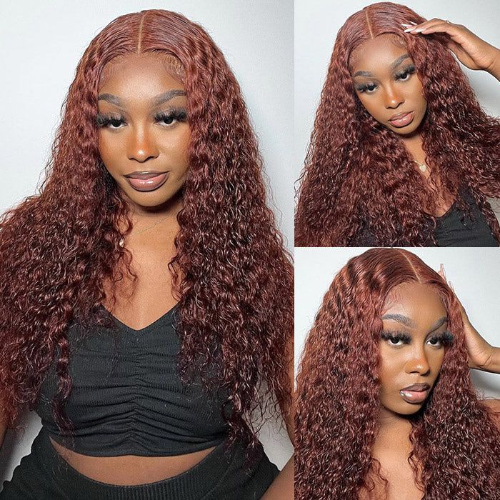 Reddish Brown Wear Go Glueless Wig Pre Plucked Water Wave Wig 180% Density