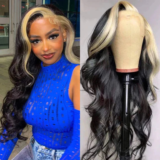 613/1B Highlight Color Skunk Stripe Wig Body Wave 13x4/13x6 HD Lace Front Wig Human Hair Wig