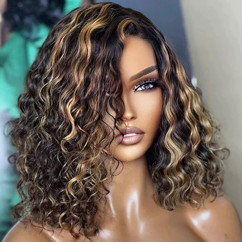 Highlight Curly Wig Bob Lace Front Wig 180% Density Wig Human Hair