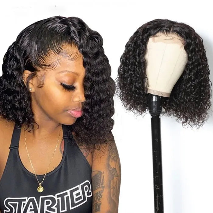 Glueless Wig Natural Black Color Short Curly Wig Bob 13x4 Transparent Lace Front Wigs