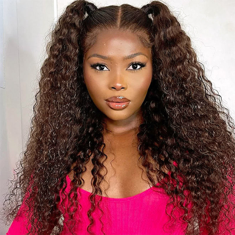 Chestnut Brown Curly Wig Transparent Lace Front Wigs 180% Density Human Hair Wigs