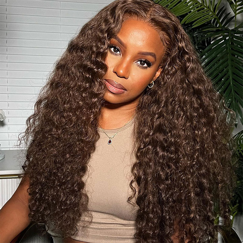 #4 Brown Chestnut Brown Curly HD Lace Front Wigs 180% Density