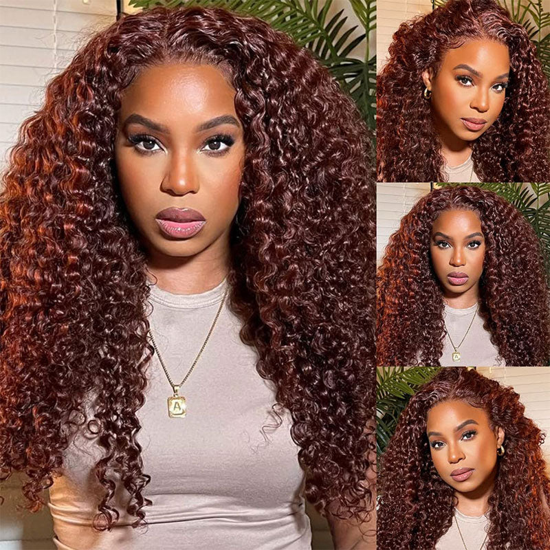 Reddish Brown Curly Wig Transparent Lace Front Wigs 4*4/13*4/13*6 Lace Human Hair Wig