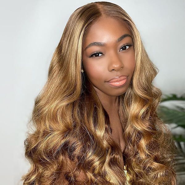 Wear & Go Honey Blonde Highlight Color Silky Body Wave Wig Transparent Frontal HD Lace Glueless Wig