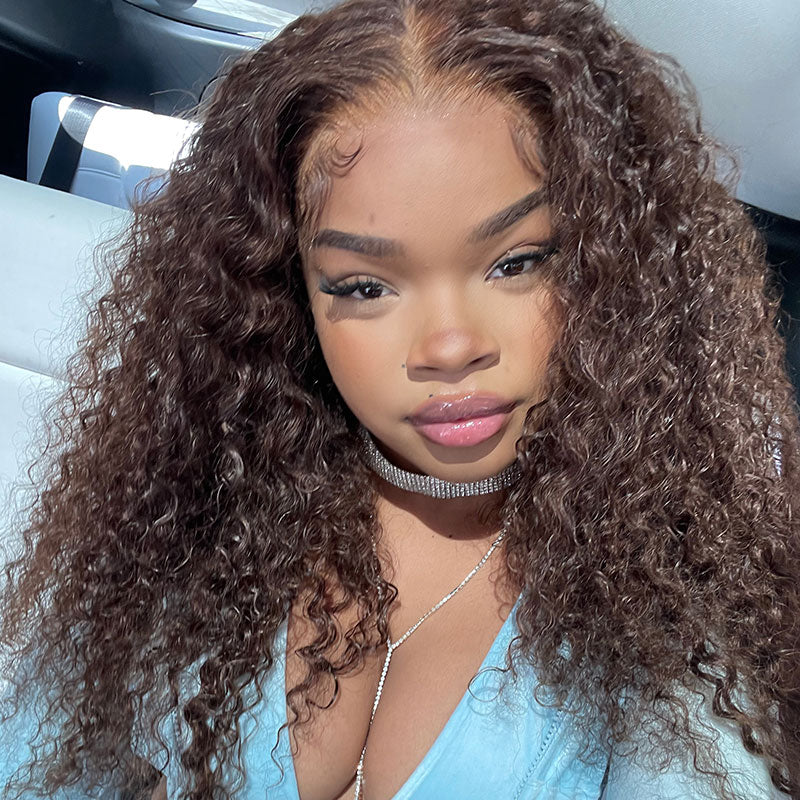 Chestnut Brown Curly Wig Transparent Lace Front Wigs 180% Density Human Hair Wigs