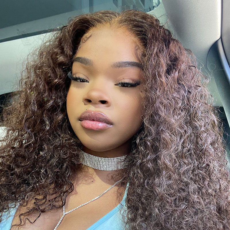 Chestnut Brown Curly Wig Transparent Lace Front Wigs 180% Density Human Hair Wigs