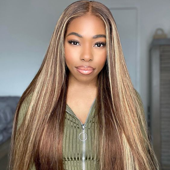 Glueless Wig Tiny Knot Transparent Lace 7x5 Lace Black Straight/ Brown Highlight Color Wig With Bleached Knots