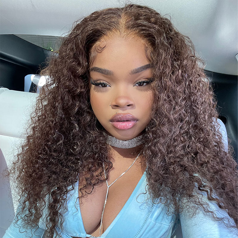 Chestnut Brown Curly Wig Transparent Lace Front Wigs 180% Density Human Hair Wigs