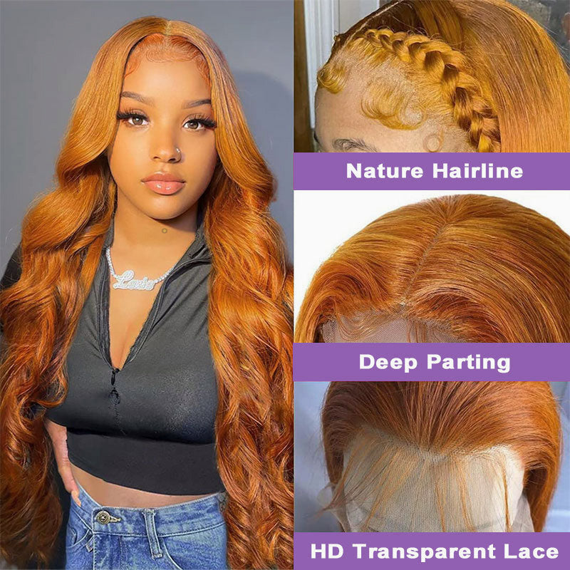 Glueless Wig Ginger Color Wig 13x4 Lace Body Wave Human Hair 180% Density Wig