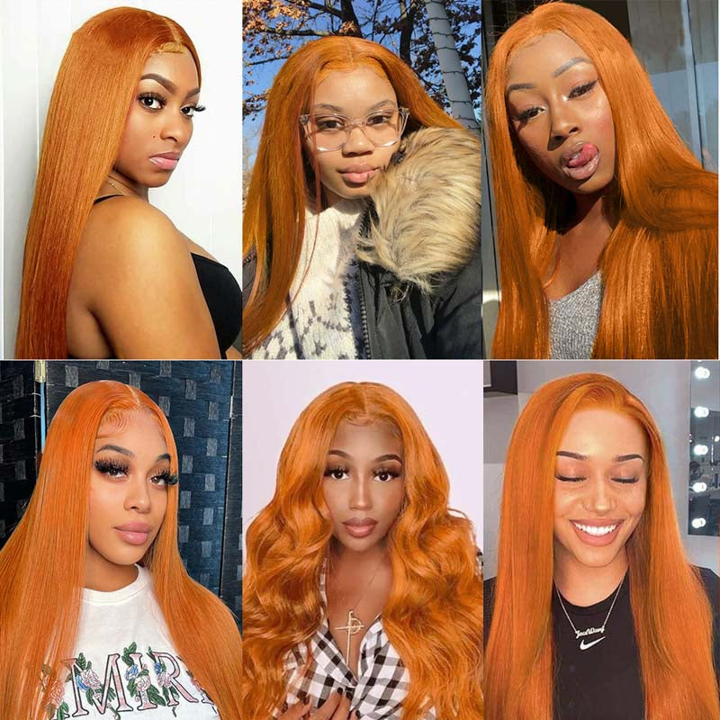 Ginger Orange Color Straight Wig 13x4 Transparent HD Lace Front Wigs 180% Density