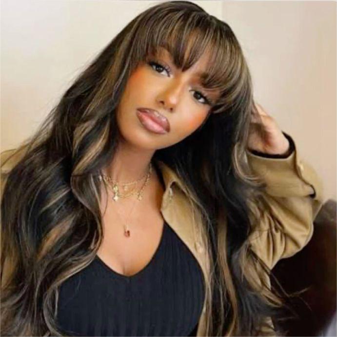 Glueless Wig 1B/27 Highlight Color Body Wave Wig With Bangs Human Hair Wig