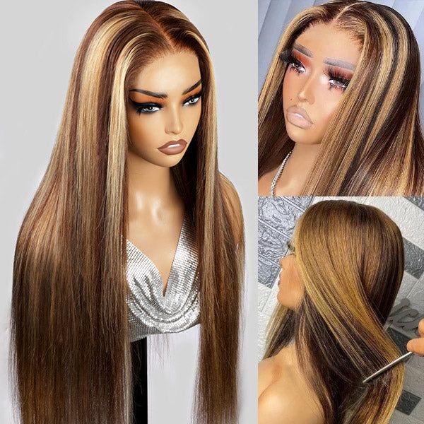 Glueless Wig Tiny Knot Transparent Lace 7x5 Lace Black Straight/ Brown Highlight Color Wig With Bleached Knots