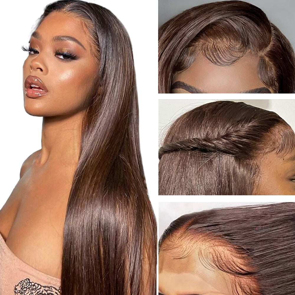 Brown Straight HD Lace Front Wigs 180% Density 100% Human Hair #4 Colored