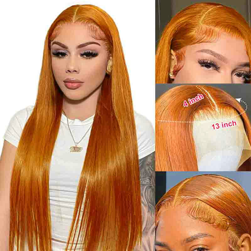 Ginger Orange Color Straight Wig 13x4 Transparent HD Lace Front Wigs 180% Density