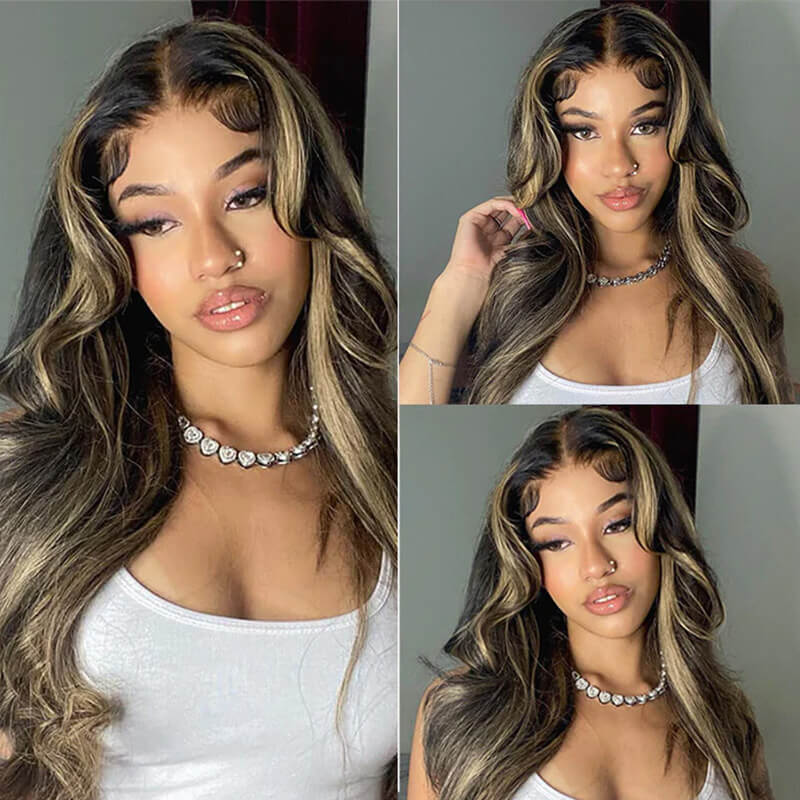 Balayage Body Wave Wig Transparent Lace Front Wigs Black With Honey Blonde Wig