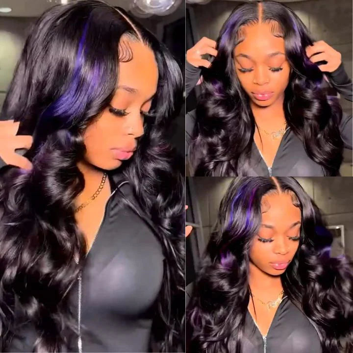 New Color For Black With Purple Highlights Color Wig Body Wave 13x4 Transparent Lace Wig Human Hair