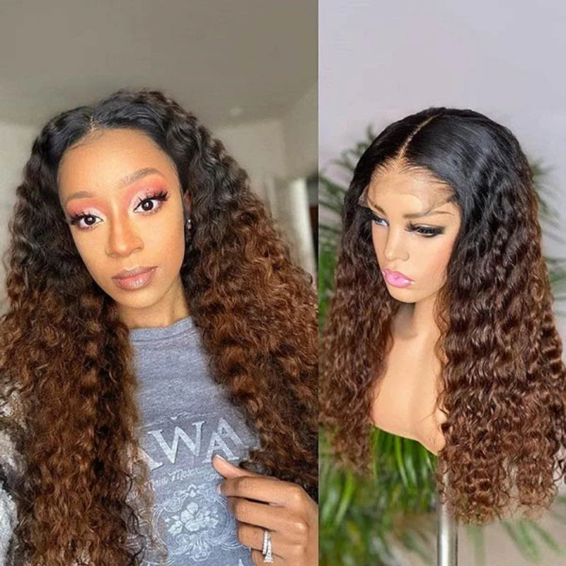 Ombre Color Curly Wig Lace Closure Wig Black With Medium Brown Human Hair Wig