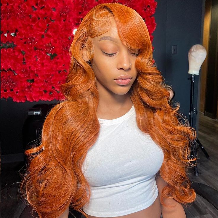 Ginger Color Body Wave Wig Transparent Lace Front Wigs 180% Density Human Hair